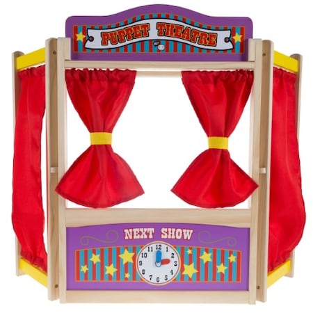 Toy Time Wooden Tabletop Puppet Theater with Curtains, Blackboard, and Clock, Creativity for Kids, Boys/Girls 414226YZC